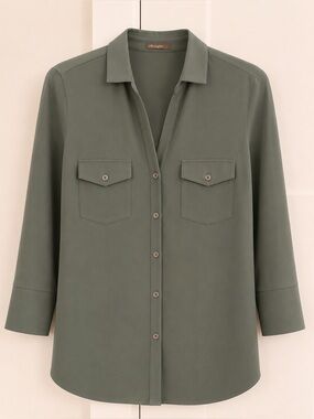 J. McLaughlin Brynn Lyford Jersey Button Down Stretch Shirt Olive Green L